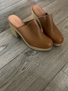Leather Tan Platform Clog Mules - Women